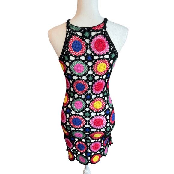 H&M crochet mini dress multicolor square boho festival coverup hippie swimwear - Picture 4 of 8